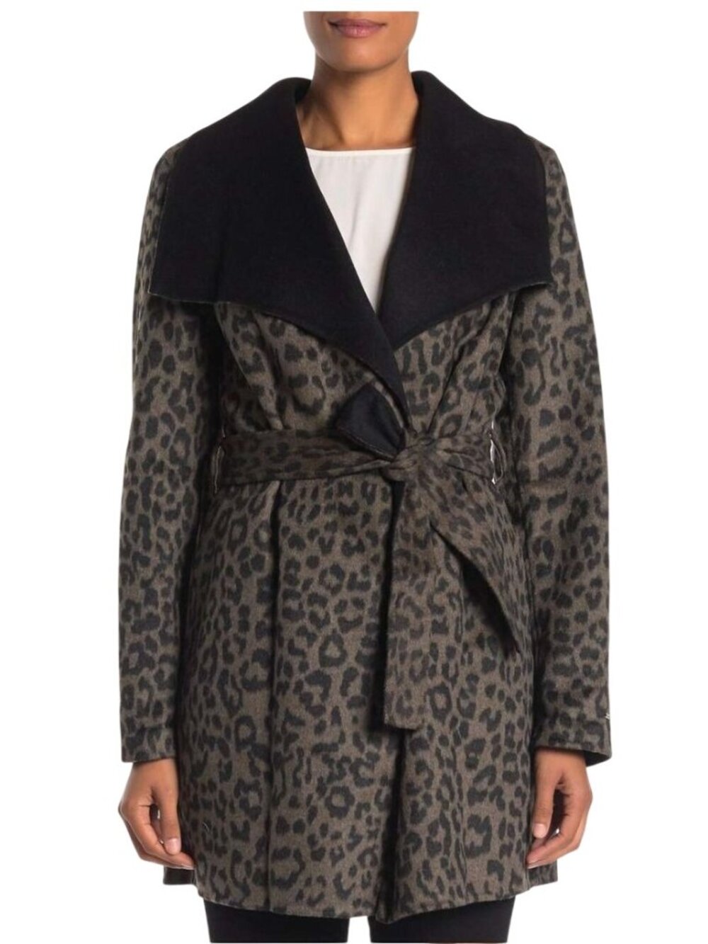 Tahari Ella Leopard Double Faced wool Wrap belted coat - Size S